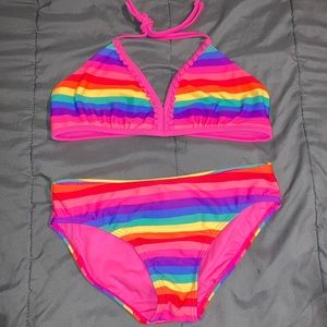 Multicolor girls two piece swim suit large rainbow pom Poms